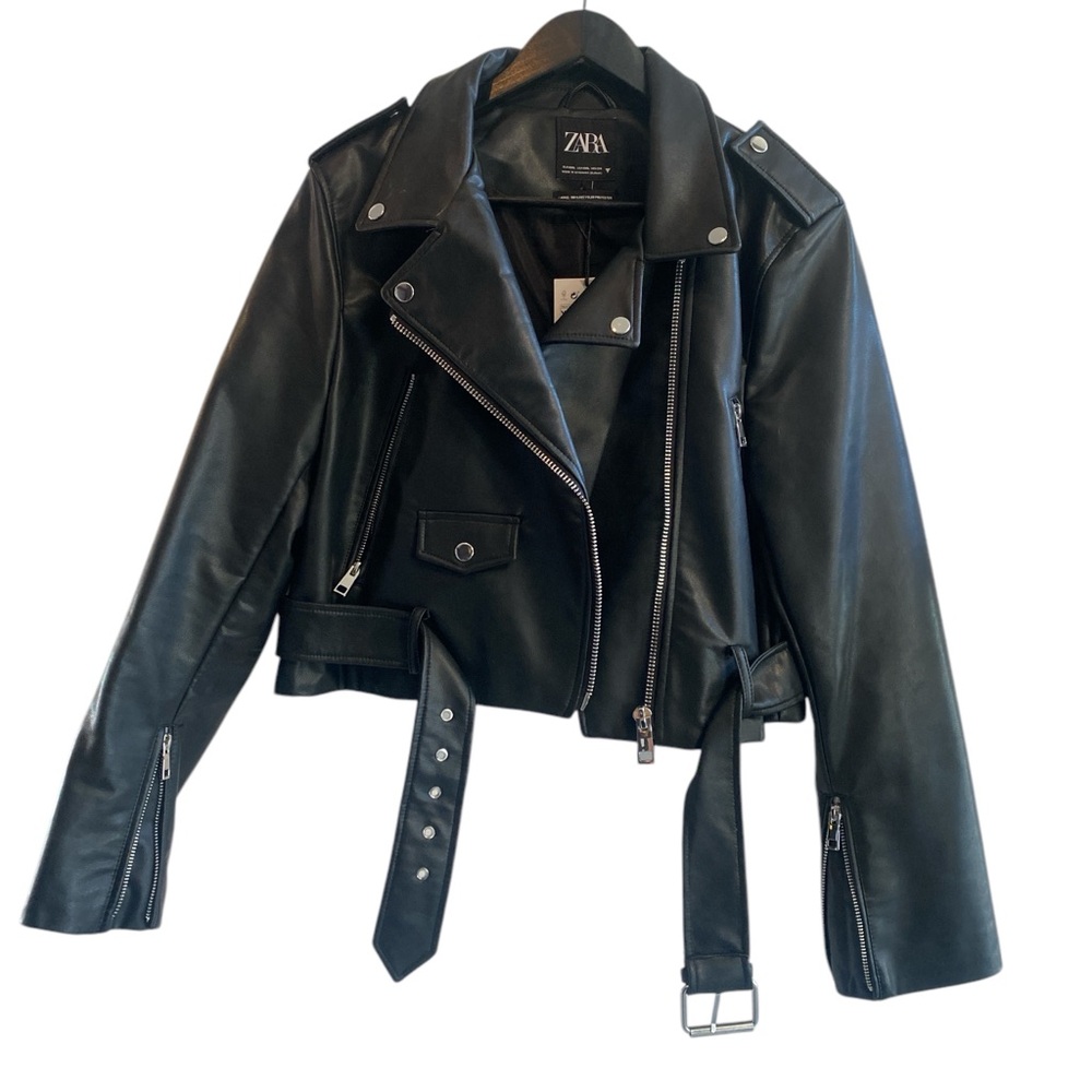 Zara Black Leather Moto Jacket with Asymmetrical Zipper